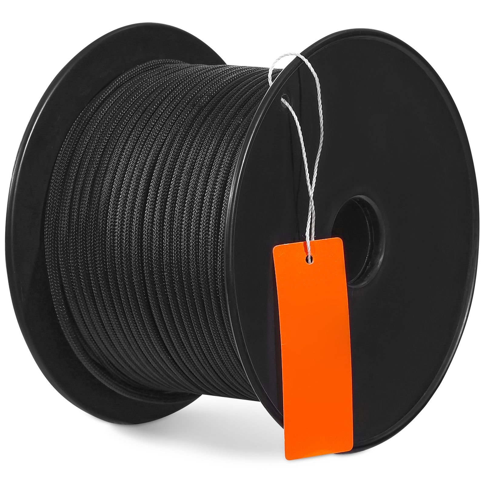 braided nylon cord, 3/16 inch by 250 feet, 32 strand design, 720 lbs tensile strength, multi purpose black rope for outdoor, tree work, hiking, swinging, and rescue operations