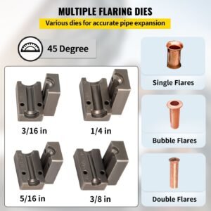 brake line flaring tool, 45 degree single, double, and bubble flares for 3/16", 1/4", 5/16" and 3/8" tube size, suitable for soft metal of copper lines