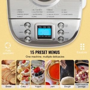 bread maker, 15 in 1 3lb dough machine, nonstick ceramic pan automatic breadmaker with gluten free setting, whole wheat bread making, digital, programmable, 3 loaf sizes, 3 crust colors, white
