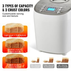 bread maker, 15 in 1 3lb dough machine, nonstick ceramic pan automatic breadmaker with gluten free setting, whole wheat bread making, digital, programmable, 3 loaf sizes, 3 crust colors, white
