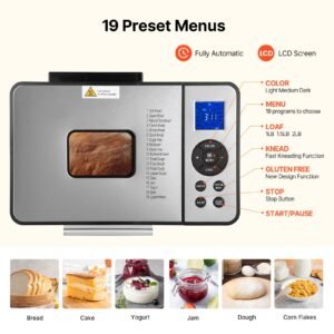 bread maker, 19 in 1 2lb dough machine, nonstick ceramic pan automatic breadmaker with gluten free setting, whole wheat bread making, digital, programmable, 3 loaf sizes, 3 crust colors