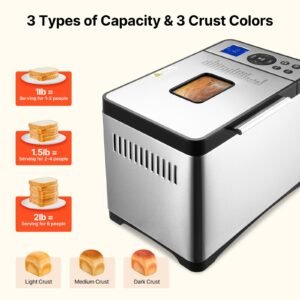 bread maker, 19 in 1 2lb dough machine, nonstick ceramic pan automatic breadmaker with gluten free setting, whole wheat bread making, digital, programmable, 3 loaf sizes, 3 crust colors
