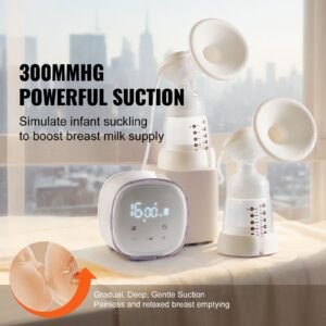 breast pump, double electric breast pumps, 4 modes & 16 levels, 300mmhg strong suction, 2800mah rechargeable anti backflow breastfeeding pump with led display, 18/21mm inserts, 24/28mm flanges