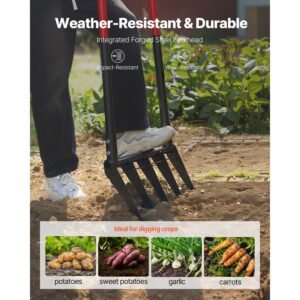 broad fork, 5 tine pitchfork with dual fiberglass handles, heavy duty garden fork , ergonomic u shaped design broadfork hand tiller, gardening tool for composting transplanting aeration