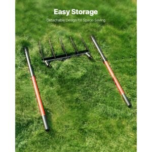 broad fork, 5 tine pitchfork with dual fiberglass handles, heavy duty garden fork , ergonomic u shaped design broadfork hand tiller, gardening tool for composting transplanting aeration