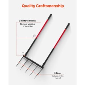 broad fork, 5 tine pitchfork with dual fiberglass handles, heavy duty garden fork , ergonomic u shaped design broadfork hand tiller, gardening tool for composting transplanting aeration