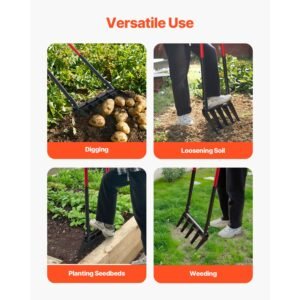 broad fork, 5 tine pitchfork with dual fiberglass handles, heavy duty garden fork , ergonomic u shaped design broadfork hand tiller, gardening tool for composting transplanting aeration