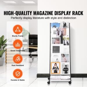 brochure display rack, 6 tier magazine literature display stand, floor standing magazine rack newspaper catalog holders, movable with 4 wheels (2 lockable) for shop exhibitions office, 6 pockets