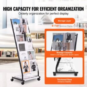 brochure display rack, 6 tier magazine literature display stand, floor standing magazine rack newspaper catalog holders, movable with 4 wheels (2 lockable) for shop exhibitions office, 6 pockets