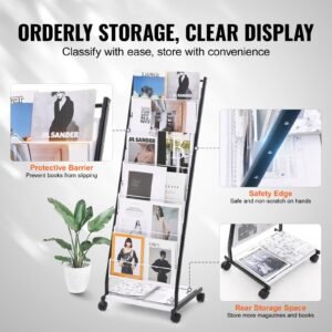 brochure display rack, 6 tier magazine literature display stand, floor standing magazine rack newspaper catalog holders, movable with 4 wheels (2 lockable) for shop exhibitions office, 6 pockets