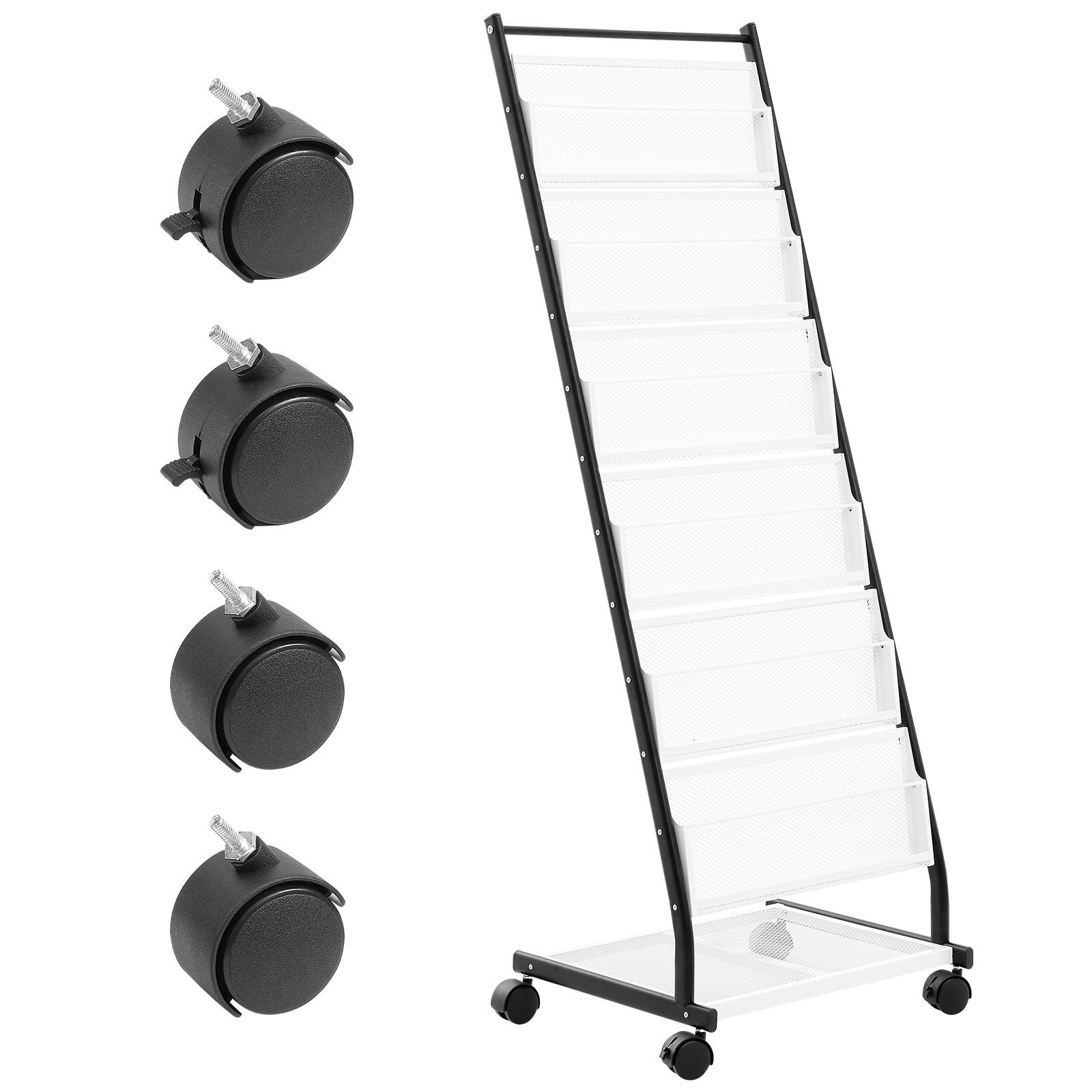 brochure display rack, 6 tier magazine literature display stand, floor standing magazine rack newspaper catalog holders, movable with 4 wheels (2 lockable) for shop exhibitions office, 6 pockets