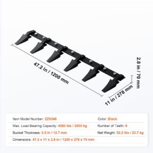 bucket tooth bar, 48'', heavy duty tractor bucket 6 teeth bar for loader tractor skidsteer, 4560 lbs load bearing capacity bolt on design, for efficient soil excavation and bucket protection