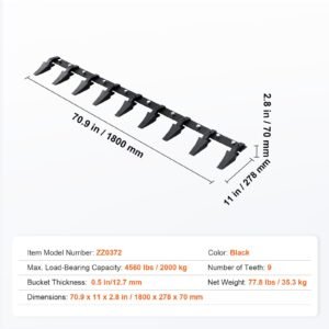 bucket tooth bar, 72'', heavy duty tractor bucket 9 teeth bar for loader tractor skidsteer, 4560 lbs load bearing capacity bolt on design, for efficient soil excavation and bucket protection
