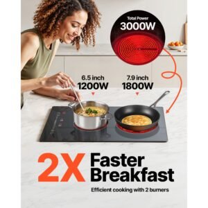 built in electric stove top, 20 x 11.6 inch 2 burners, 240v glass radiant cooktop with sensor touch control, timer & child lock included, 9 power levels for simmer steam slow cook fry