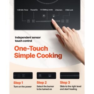 built in electric stove top, 20 x 11.6 inch 2 burners, 240v glass radiant cooktop with sensor touch control, timer & child lock included, 9 power levels for simmer steam slow cook fry