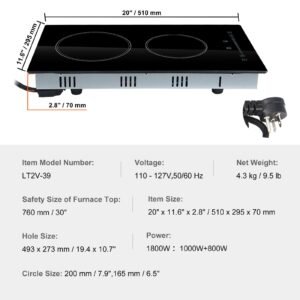 built in electric stove top, 20 x 11.6 inch 2 burners, 240v glass radiant cooktop with sensor touch control, timer & child lock included, 9 power levels for simmer steam slow cook fry