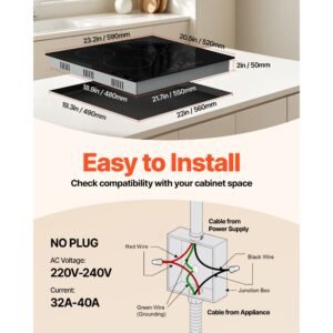 built in electric stove top, 23.2 x 20.5 inch 4 burners, 240v glass radiant cooktop with sensor touch control, timer & child lock included, 9 power levels for simmer steam slow cook fry