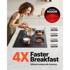 built in electric stove top, 23.2 x 20.5 inch 4 burners, 240v glass radiant cooktop with sensor touch control, timer & child lock included, 9 power levels for simmer steam slow cook fry