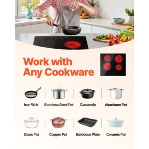 built in electric stove top, 23.2 x 20.5 inch 4 burners, 240v glass radiant cooktop with sensor touch control, timer & child lock included, 9 power levels for simmer steam slow cook fry
