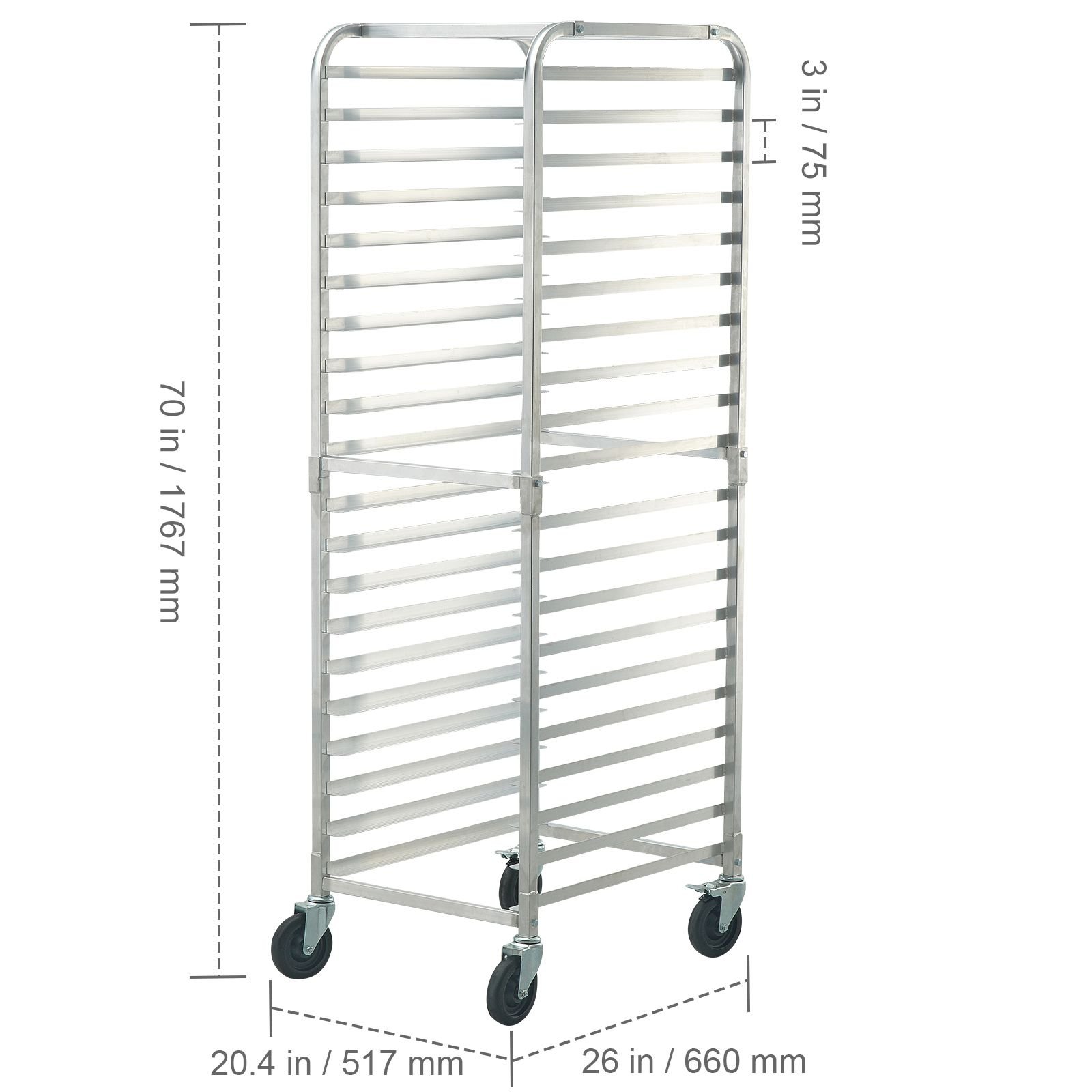 bun pan rack, 20 tier commercial bakery racks with brake wheels, aluminum racking trolley storage for half & full sheet, speed rack for kitchen home, bread baking equipment, 26"l x 20.4"w x 70"h