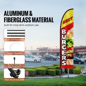burger restaurant advertising feather flag with pole kit, advertising flags for business outside, includes 1 banner flag, 1 pole, 1 ground stake, swooper flag for businesses 16.3 ft
