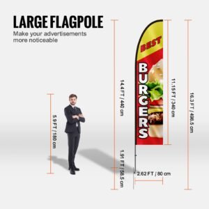 burger restaurant advertising feather flag with pole kit, advertising flags for business outside, includes 1 banner flag, 1 pole, 1 ground stake, swooper flag for businesses 16.3 ft