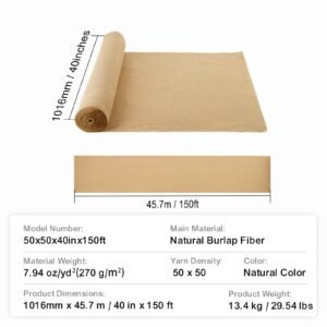 burlap fabric roll, 40' x 150 ft & 50 x 50 high density wide natural burlap fabric rolls, jute fabric burlap tree wrap roll, for decor, crafts, wedding, gardening, plant & tree winter covering