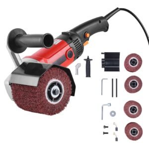 burnishing polishing machine, 1200w 6 variable speed surface conditioning tool, handheld electric metal burnishing machine with 4 fiber polishing wheels for stainless steel, non ferrous metals