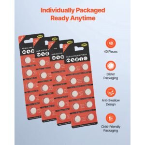 button cell battery, 4 pack (40 count) lr44 alkaline batteries non mercury, ag13 357 303 sr44 battery 1.5v button coin cell batteries for remote controls, heart rate monitors, and other devices