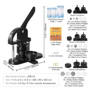 button maker, 1/1.25/2.28 inch(25/32/58mm) 3 in 1 pin maker, with 300pcs button parts, button maker machine with panda magic book, ergonomic arc handle punch press kit, for children diy gifts