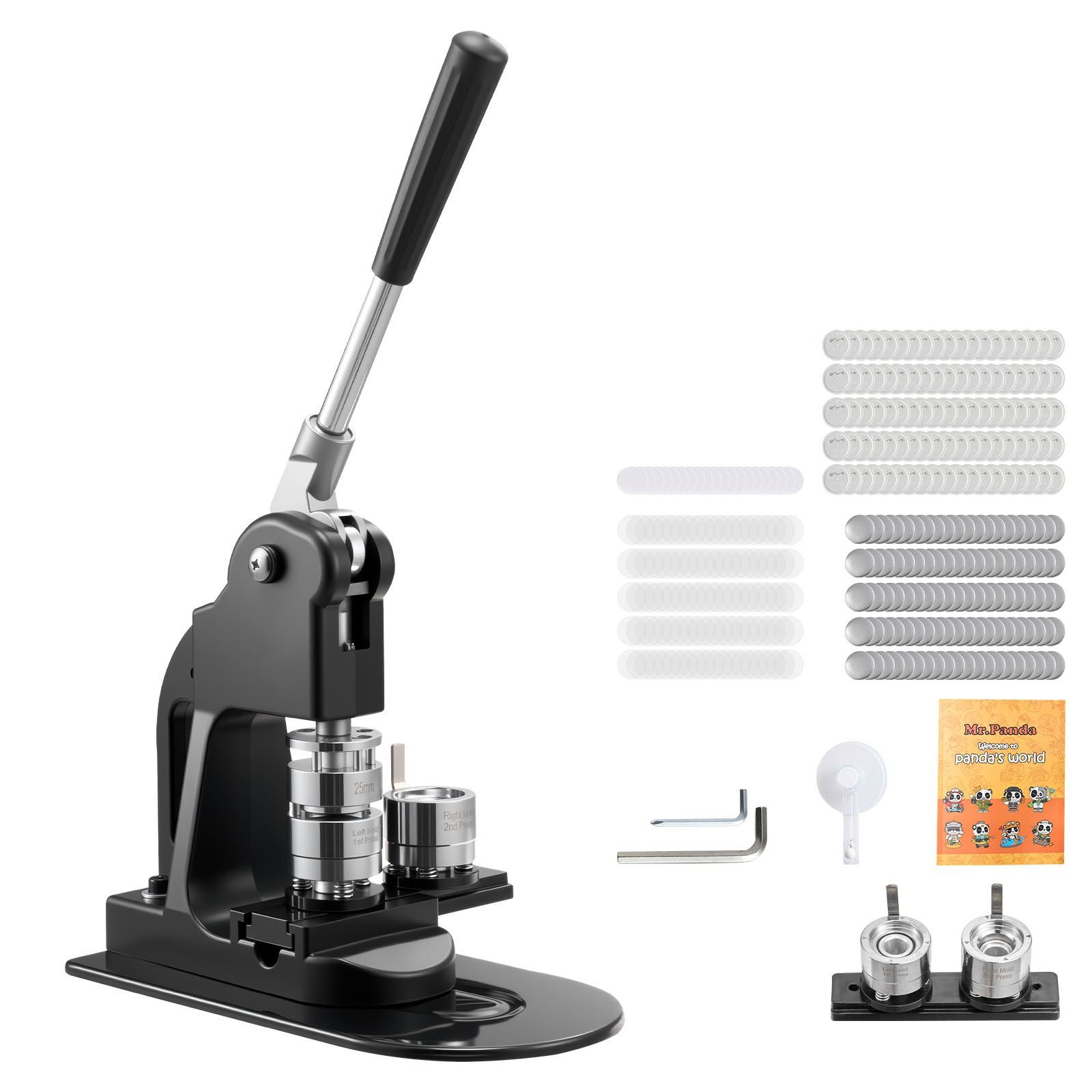 button maker machine, 1 in, pin maker machine with 500pcs button parts, circle cutter, hex wrenches and magic book, ergonomic handle, for diy badges, personalized pins and key chains, black