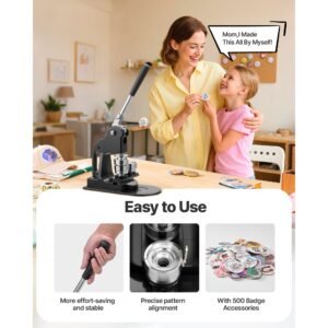 button maker machine, 1.25 in, pin maker machine with 500pcs button parts, circle cutter, hex wrenches and magic book, ergonomic handle, for diy badges, personalized pins and key chains, black
