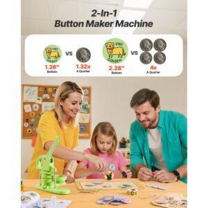 button maker machine, 1.26/2.28 inch 2 in 1, plastic pin maker with 200 pcs button parts, circle cutter and magic book, reinforced ergonomic handle, for diy badges, personalized pins, green
