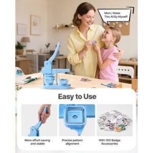 button maker machine, 1.97 x 1.97 in square, plastic pin maker with tinplate front shells, plastic back covers, magnetic backings and transparent films, ergonomic handle, for diy badges, blue