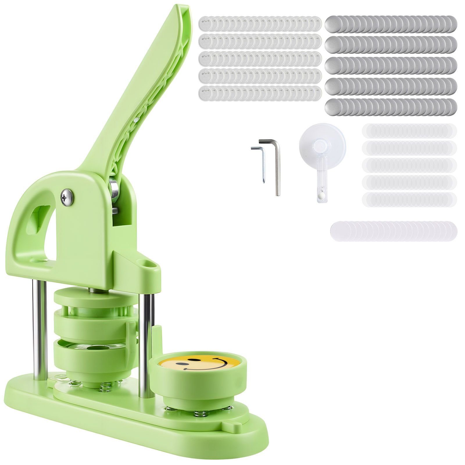 button maker machine, 2.28 in, plastic pin maker with 100pcs button parts, circle cutter and hex wrenches, reinforced ergonomic handle, for diy badges, personalized pins and key chains, green