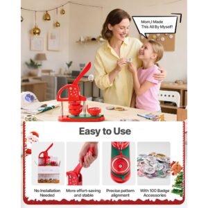 button maker machine, 2.28 in, plastic pin maker with 100pcs button parts, circle cutter and hex wrenches, reinforced ergonomic handle, for diy badges, personalized pins and key chains, red