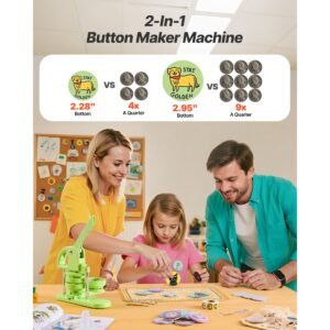 button maker machine, 2.28/2.95 inch 2 in 1, plastic pin maker with 200 pcs button parts, circle cutter and magic book, reinforced ergonomic handle, for diy badges, personalized pins, green
