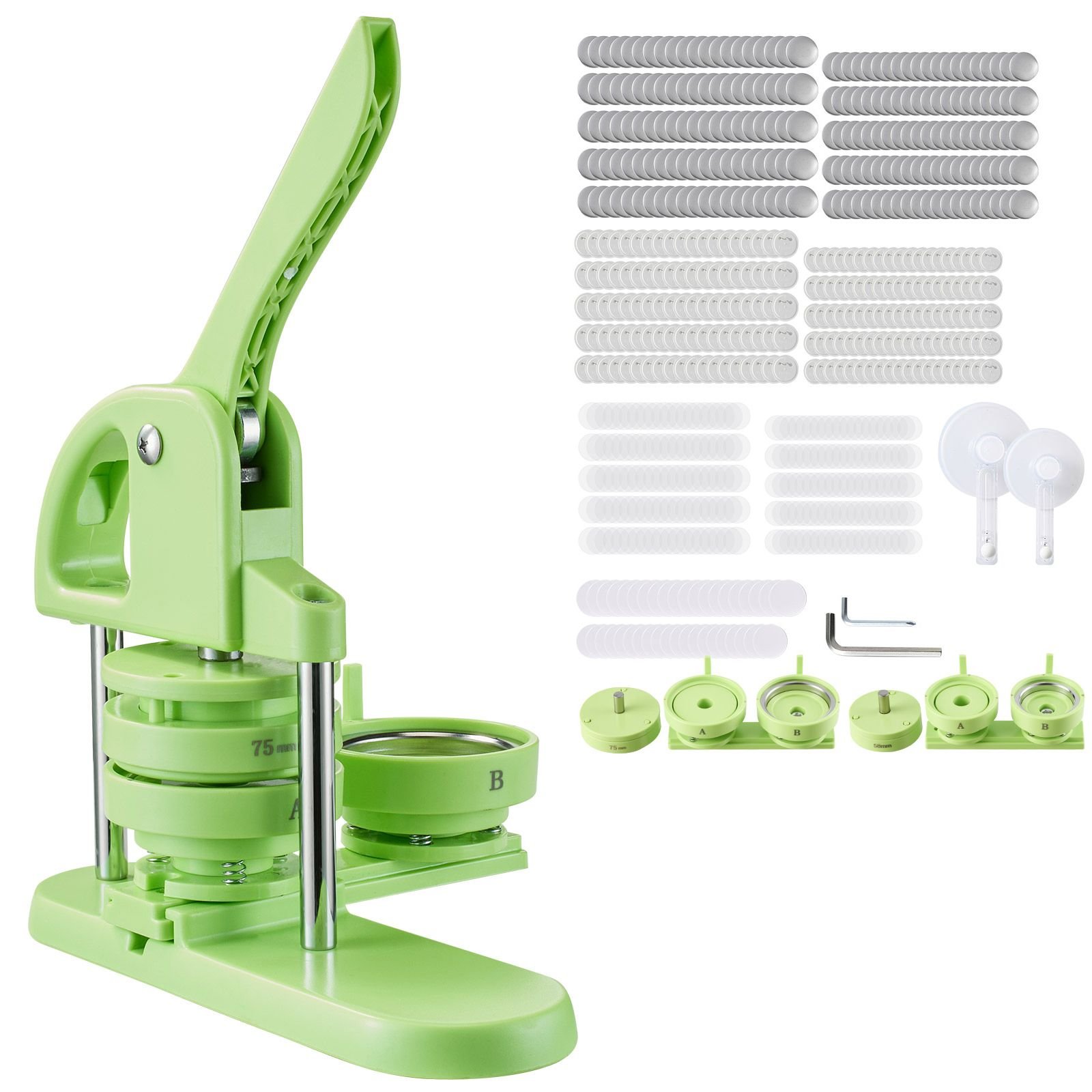 button maker machine, 2.28/2.95 inch 2 in 1, plastic pin maker with 200 pcs button parts, circle cutter and magic book, reinforced ergonomic handle, for diy badges, personalized pins, green
