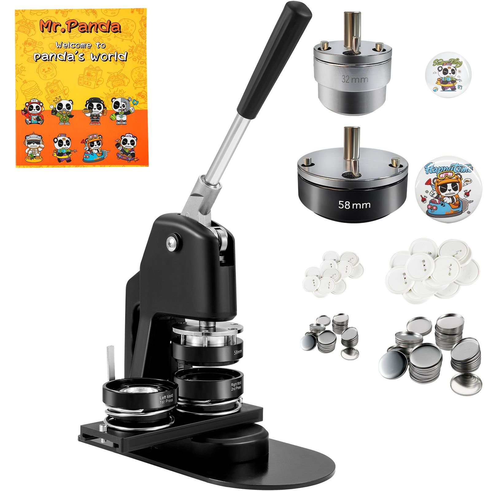 button maker machine, multiple sizes 1.25+2.25 inch badge punch press kit, children diy gifts pin maker, button making supplies with 500pcs button parts & circle cutter & magic book