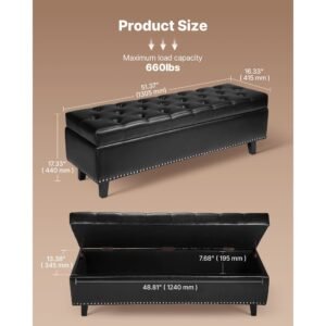button tufted storage ottoman bench, pu leather bench with storage and solid wood legs, modern shoe benches seat for entryway, upholstered end of bed benches for living room, dining room, black