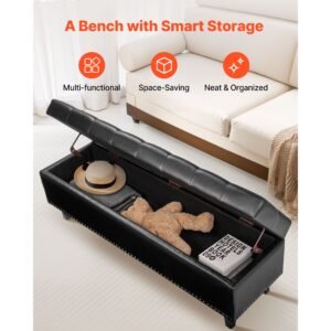 button tufted storage ottoman bench, pu leather bench with storage and solid wood legs, modern shoe benches seat for entryway, upholstered end of bed benches for living room, dining room, black
