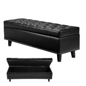 Button-Tufted Storage Ottoman Bench, PU Leather Bench with Storage and Solid Wood Legs, Modern Shoe Benches Seat for Entryway, Upholstered End of Bed Benches for Living Room, Dining Room, Black