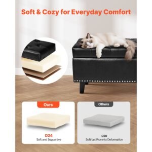 button tufted storage ottoman bench, pu leather bench with storage and solid wood legs, modern shoe benches seat for entryway, upholstered end of bed benches for living room, dining room, black