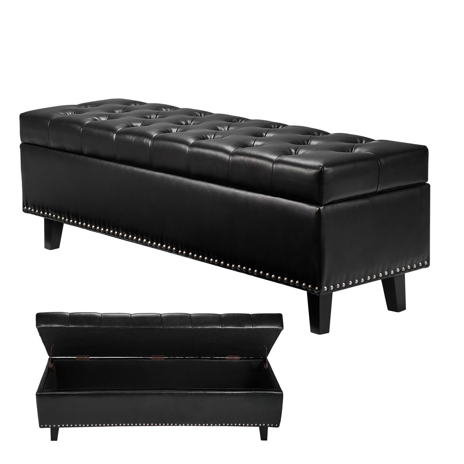 button tufted storage ottoman bench, pu leather bench with storage and solid wood legs, modern shoe benches seat for entryway, upholstered end of bed benches for living room, dining room, black