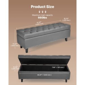 button tufted storage ottoman bench, pu leather bench with storage and solid wood legs, modern shoe benches seat for entryway, upholstered end of bed benches for living room, dining room, gray
