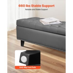 button tufted storage ottoman bench, pu leather bench with storage and solid wood legs, modern shoe benches seat for entryway, upholstered end of bed benches for living room, dining room, gray