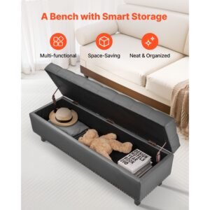 button tufted storage ottoman bench, pu leather bench with storage and solid wood legs, modern shoe benches seat for entryway, upholstered end of bed benches for living room, dining room, gray