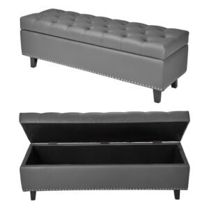 Button-Tufted Storage Ottoman Bench, PU Leather Bench with Storage and Solid Wood Legs, Modern Shoe Benches Seat for Entryway, Upholstered End of Bed Benches for Living Room, Dining Room, Gray
