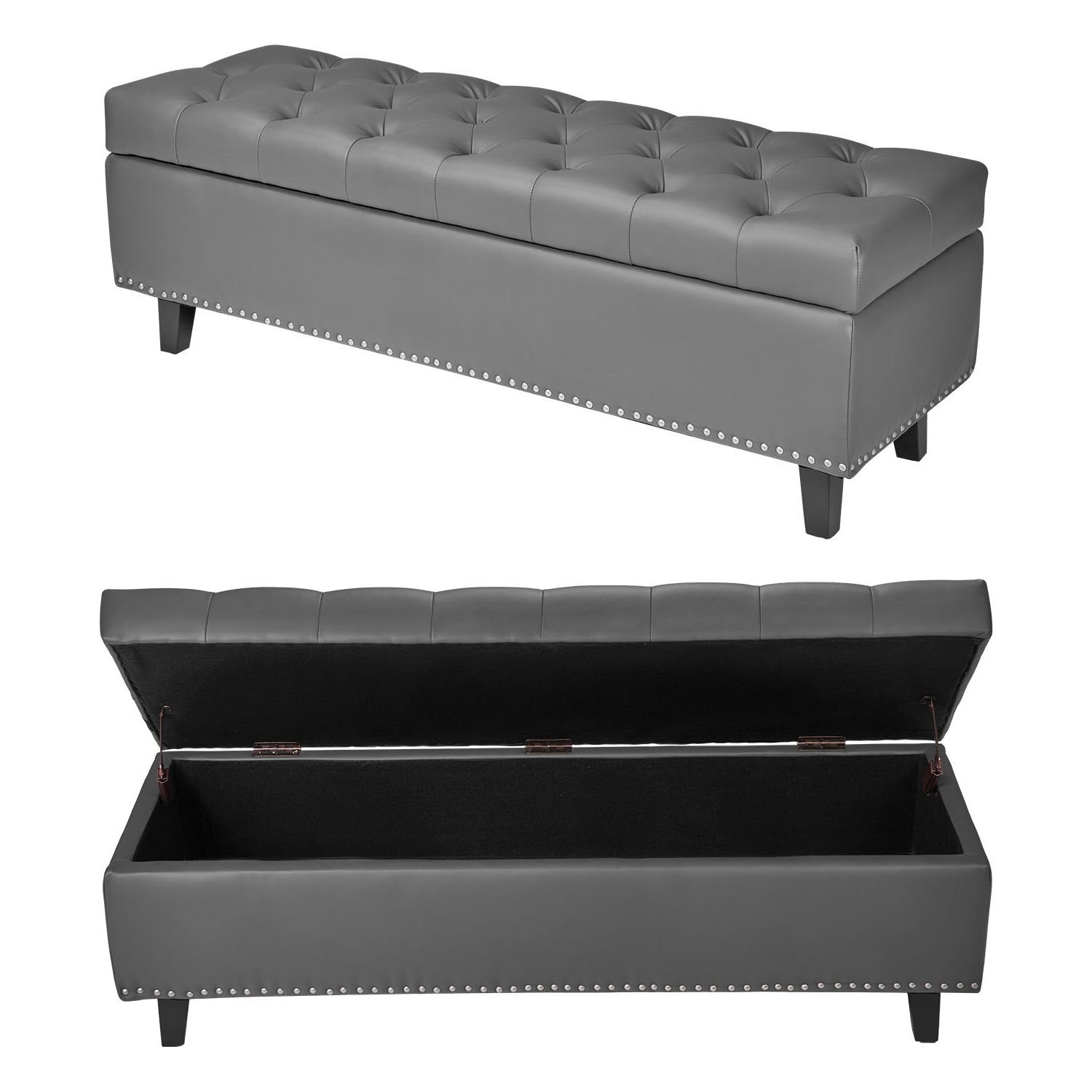 button tufted storage ottoman bench, pu leather bench with storage and solid wood legs, modern shoe benches seat for entryway, upholstered end of bed benches for living room, dining room, gray