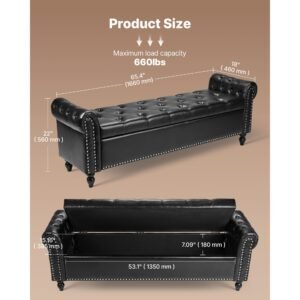 button tufted storage ottoman bench, rolled arm pu leather bench with solid wood legs, modern shoe benches seat for entryway, upholstered end of bed benches for living room, dining room, black